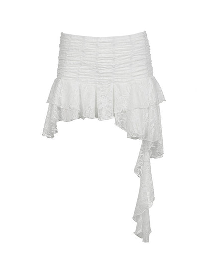 Irregular Hem Design With Wavy Edge Lace Splicing Mini Skirts