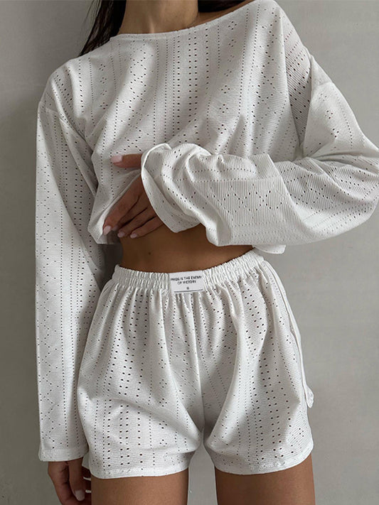 Solid Cutout Loose Long Sleeve Tee & Shorts Set