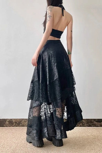 High Waist Asymmetric Lace Sheer Skirt