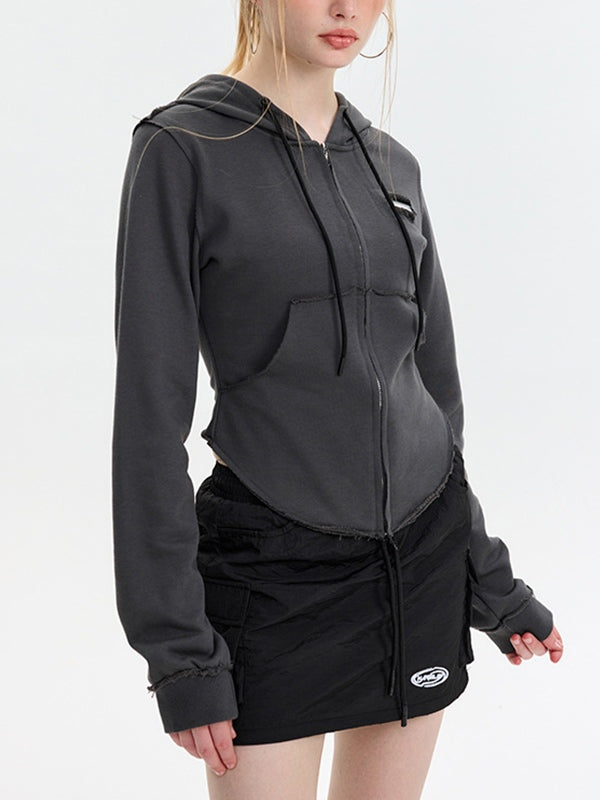 Solid Color Frayed Design Drawstring Long Sleeve Tee