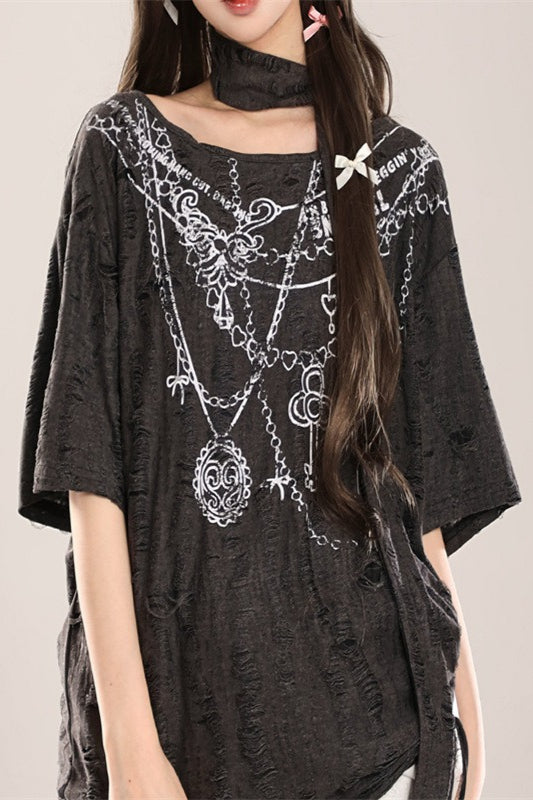 Wasteland Cutout Shoulder Distressed Lace-Up T-shirt