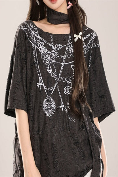 Wasteland Cutout Shoulder Distressed Lace-Up T-shirt