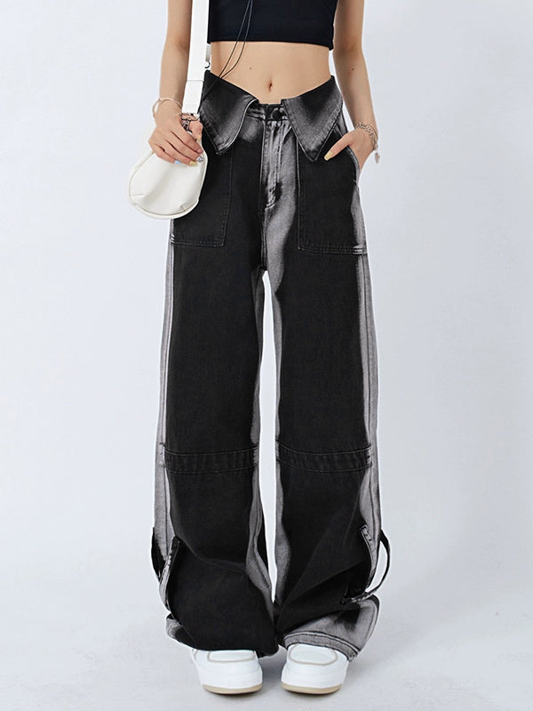 Vintage Wash Turned Waist Boyfriend Jeans
