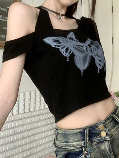 Neckless Butterfly Print Short Sleeve Tee