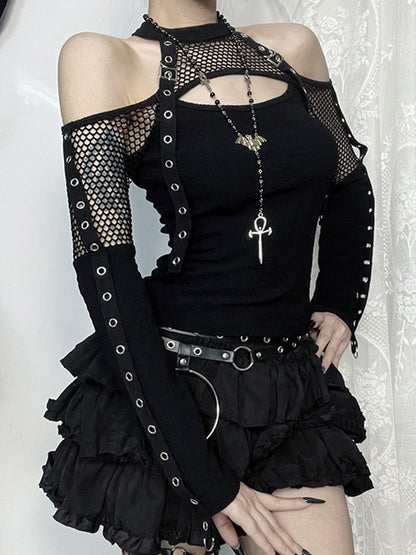 Off Shoulder Fishnet Long Sleeves Tee
