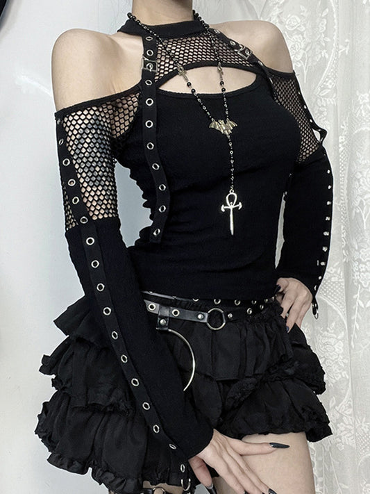Off Shoulder Fishnet Long Sleeves Tee