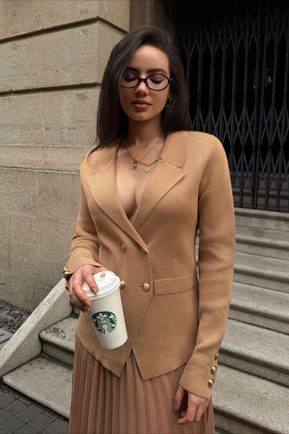 V Neck Double Breasted Knit Blazer Pleated Skirt Set