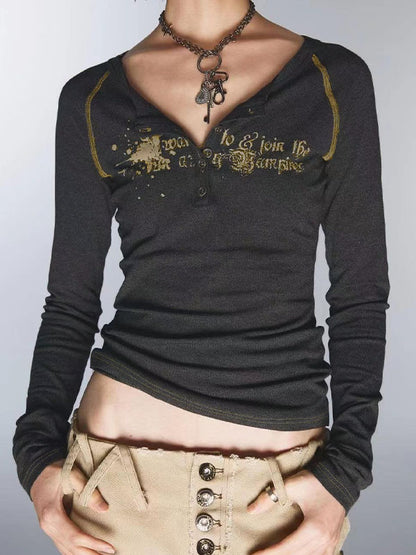 Vintage Print V Neck Breasted Long Sleeve Tee