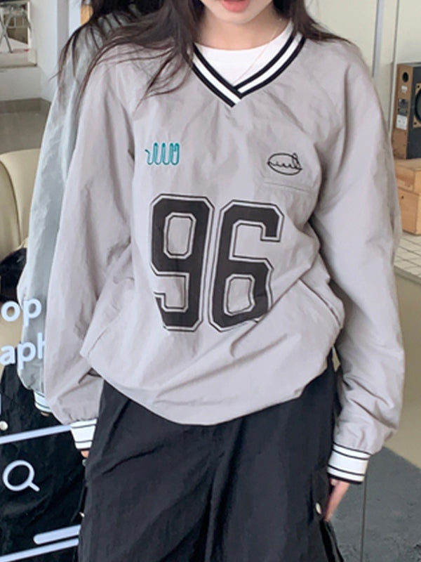 Number Print V Neck Thin Sweatshirt