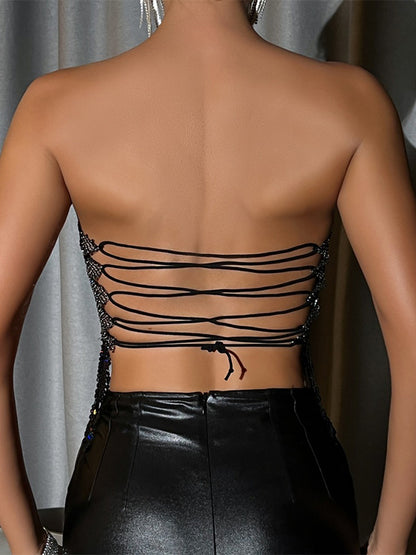 See Through Rhinestone Tassel Hem Bandeau Top