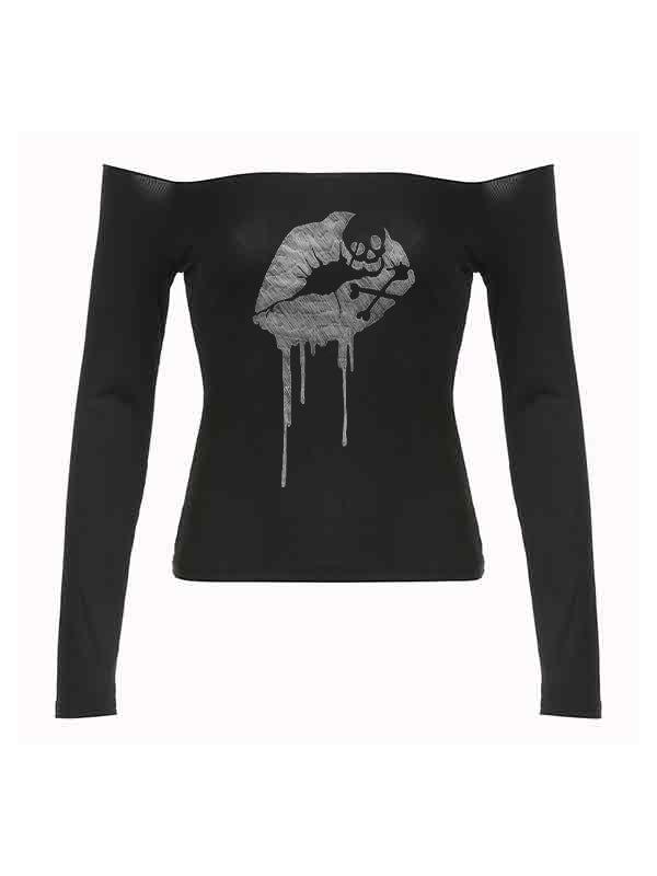 Off Shoulder Lip Skull Print Long Sleeve Tee