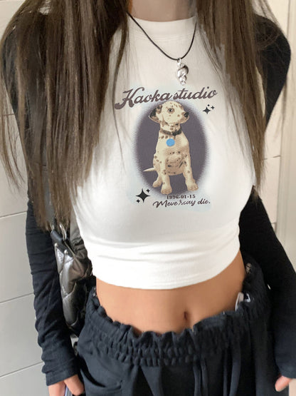 Vintage Puppy Print Raglan Crop Long Sleeve Tee