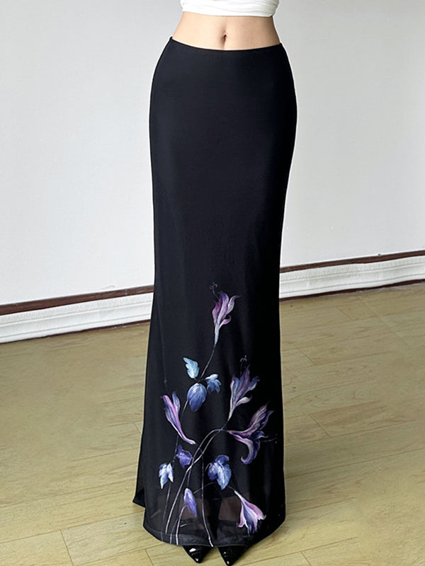 Floral Print Open Mesh Maxi Skirt