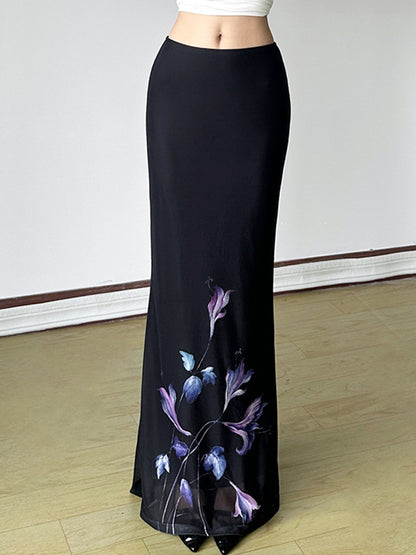 Floral Print Open Mesh Maxi Skirt