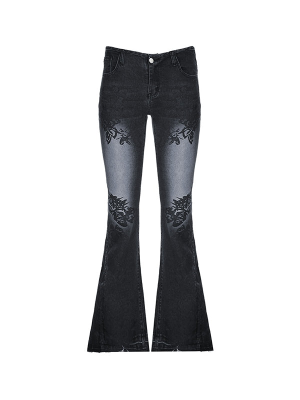 Vintage Plant Print Low Rise Flare Jeans