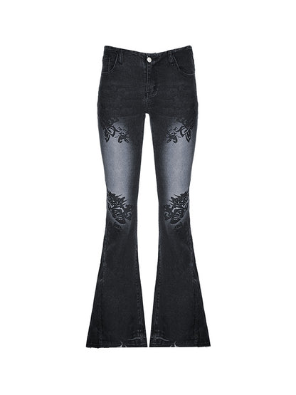 Vintage Plant Print Low Rise Flare Jeans