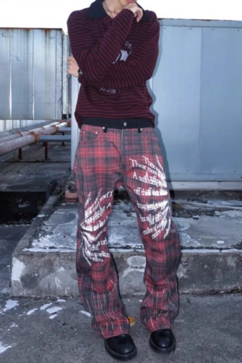 Punk Street Red Plaid Print Flare Curved Blade Denim Pants