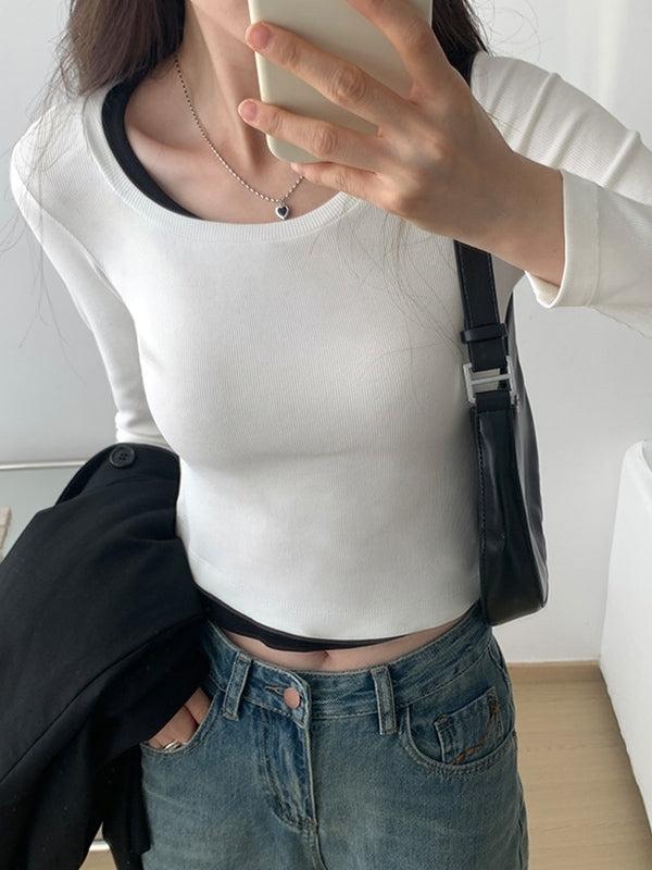 Contrast Color Fake Two Piece Long Sleeve Knit