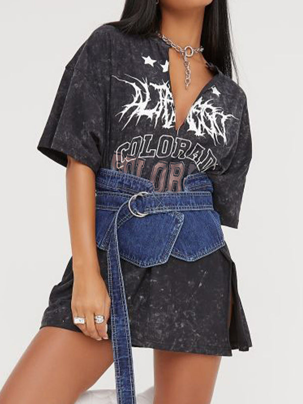 V Neck Letter Print Oversized Short Sleeve Tee