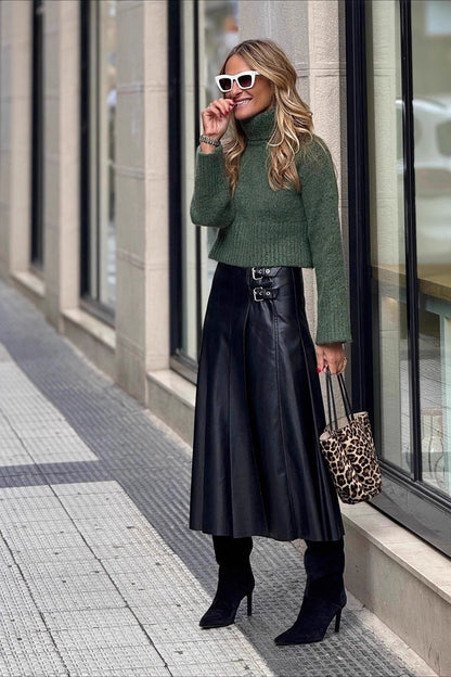 PU Leather Shirred A-Line Skirt