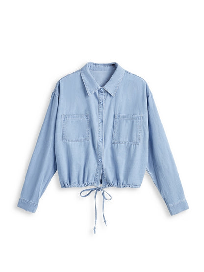 Vintage Dual Pocket Drawstring Denim Blouses&Shirts