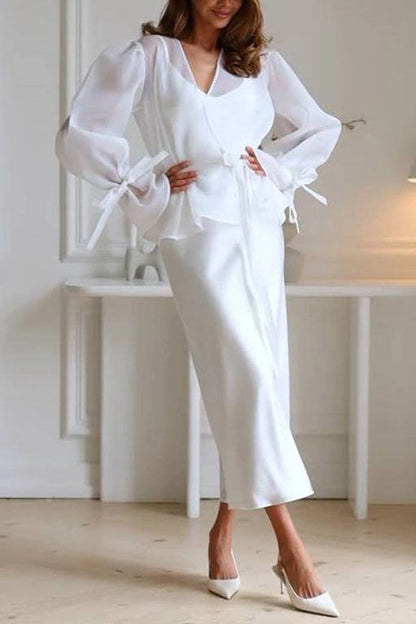 Graceful Party Tulle Knotted Long Sleeve Kimono Top and Satin Slip Midi Dress Set
