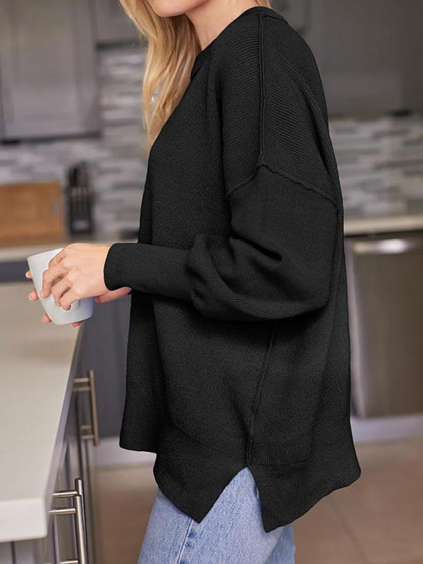 Solid Crew Neck Cape Sleeve Slit Sweater
