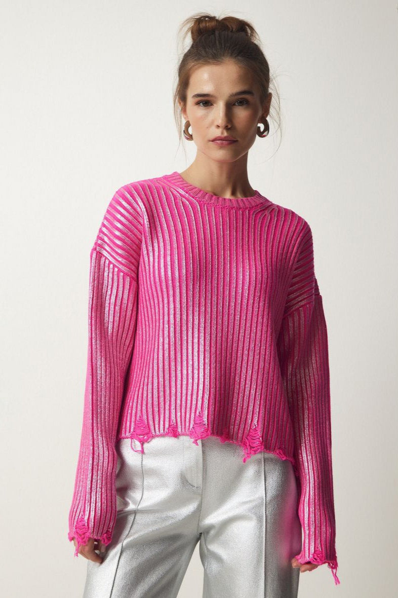 Solid Simple Silver Foil Loose Slim Long Sleeve Sweater