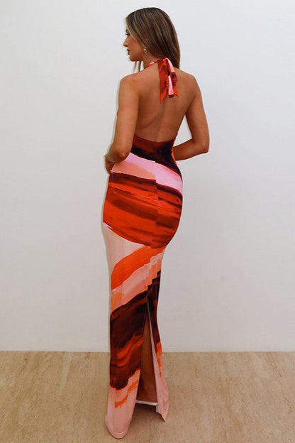 Sexy Floral Print Halter Tie Bodycon Split Maxi Dress