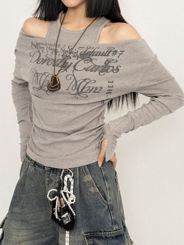 One Shoulder Fake Two Piece Print Long Sleeve Tee