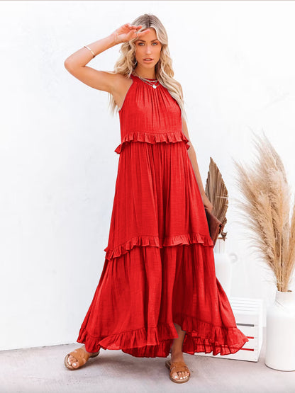 Boho Halter Neck Maxi Shift Dress for Women - Ruffle Tiered Flowy Sun Dress - Summer Beach Vacation 2026