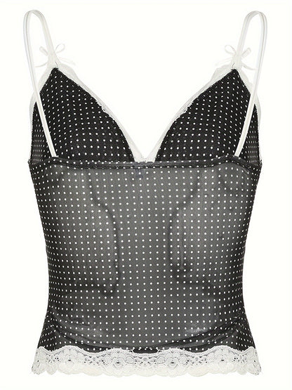 Y2K-Inspired Lace Bow Cami Top with V-Neck & Polka Dot Mesh - Stretchy, Breathable Fabric for All Seasons