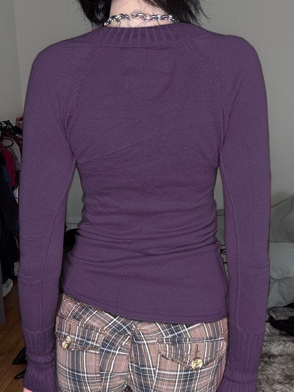 Ribbed Deep V Neck Knit Long Sleeve Tee