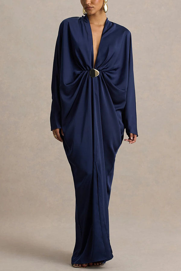 Tina Satin Plunge V-neck Gold Trim Detail Long Batwing Sleeve Maxi Dress