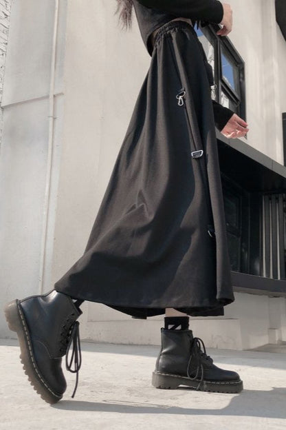 Dark Japanese Street Buckle Midi A-Line Skirt