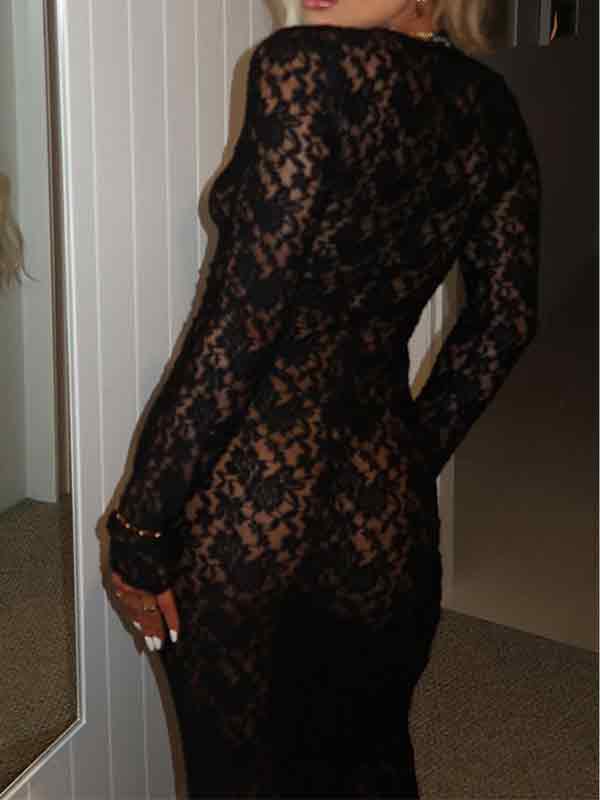 Hollow Lace Pattern See-Through Slim Fit Maxi Dress