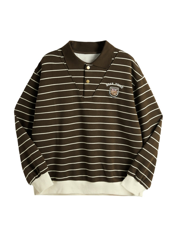 Stripe Print Bear Embroidery Shirt Neck Oversized Hoodie