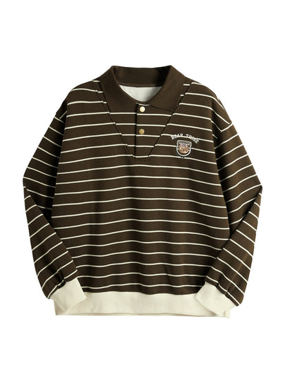 Stripe Print Bear Embroidery Shirt Neck Oversized Hoodie