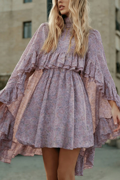 Solid Color Loose Stand Collar Ruffled Top and V-neck Camisole Fitted Waist Mini Dress Set