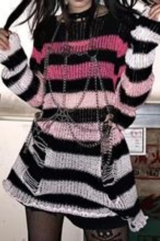 Goth Striped Ripped Long Sleeve Knitted Sweater
