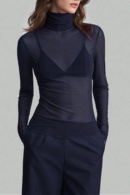 Solid Mandarin Collar Mesh Top