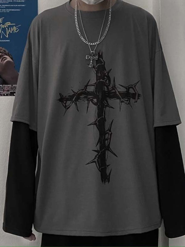 Thorn Print Fake Two Piece Oversized Long Sleeve Tee