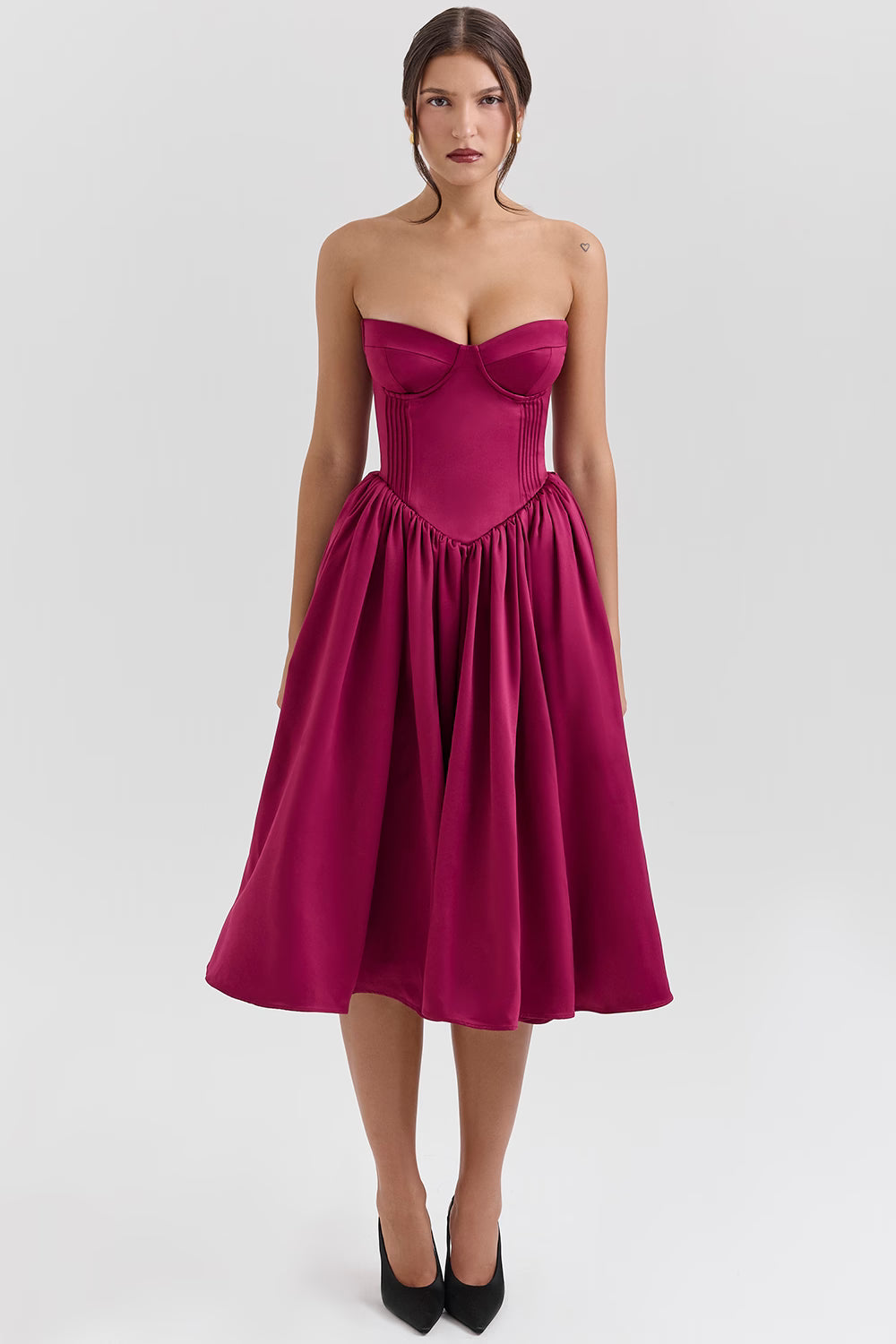 burgundy satin tulle midi dress - sale