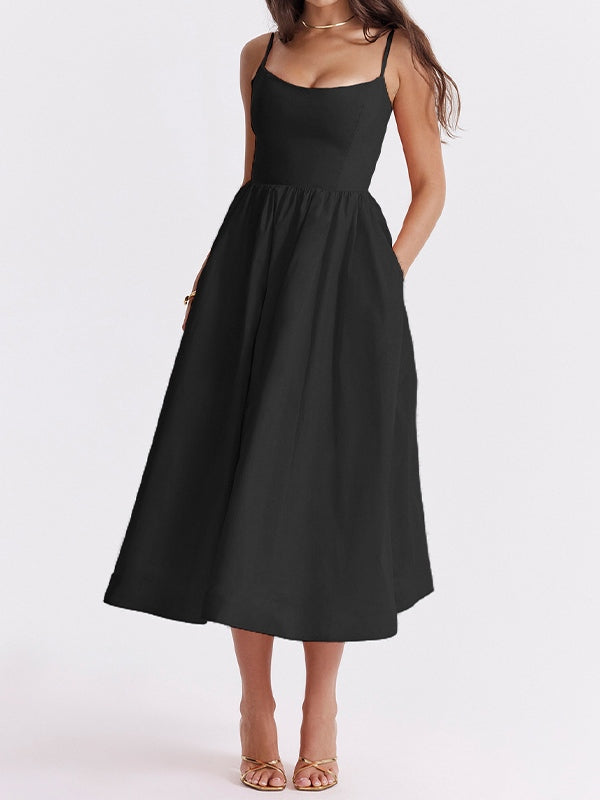 Solid Backless Cami A-line Midi Dress