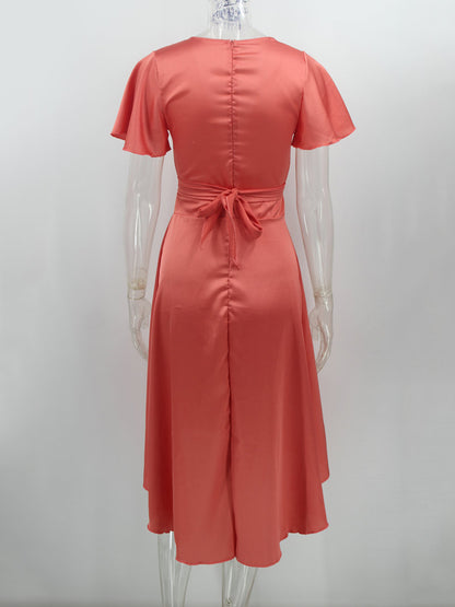 Short Sleeves Midi Dresses V-Neck Knotted High Low Design