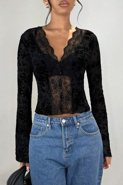 Leopard Print Lace-Paneled Sexy Blouse