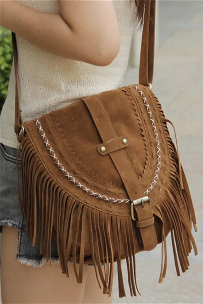 Bolso bandolera marrón estilo vaquero con flecos