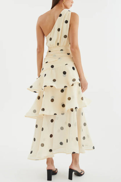 Fashionable Polka Dot Print One-shoulder Sleeveless Layered Mesh Maxi Dress