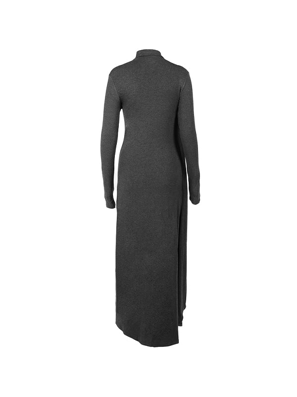 Solid Thigh Split Long Sleeve Midi Dress