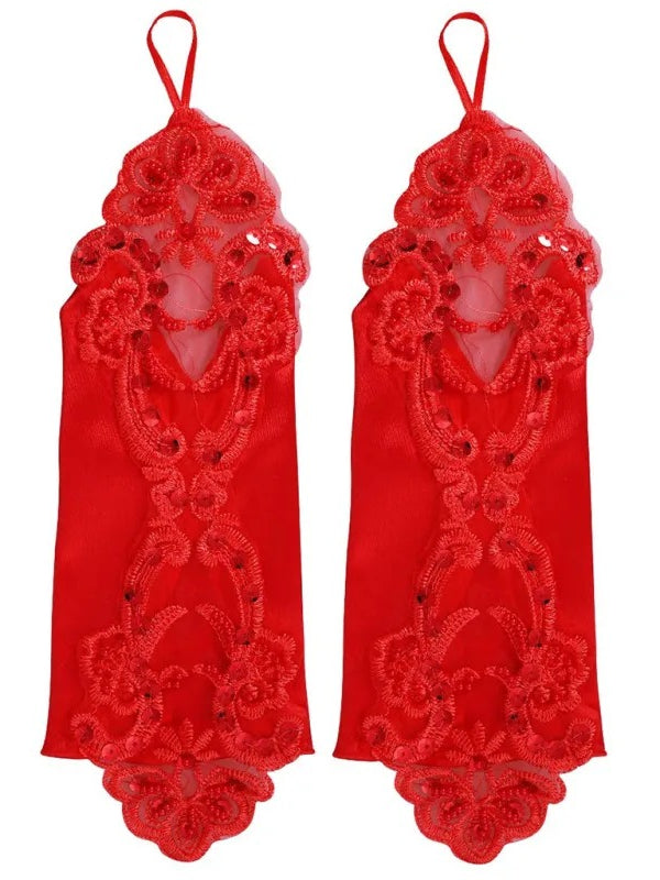 Gothic Satin Lace Sequins Fingerless Gloves